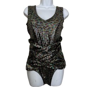 Vintage 80s Holographic Metallic Bodysuit Leotard Dancewear Festival Rave